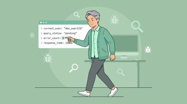 Programmer Debugging Code with Bugs and Magnifying Glasses
