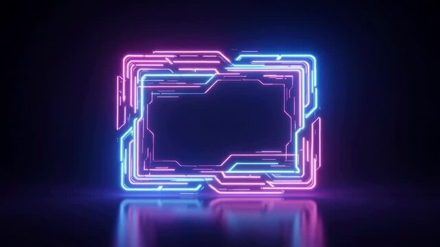 Glowing neon rectangle interface frame displays dynamic digital pulses and vibrant synthwave colors in this high energy motion graphic animation that showcases modern technology aesthetic for professi