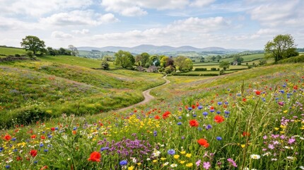 Obraz premium Vibrant wildflowers covering rolling hills with realistic spring countryside scenery