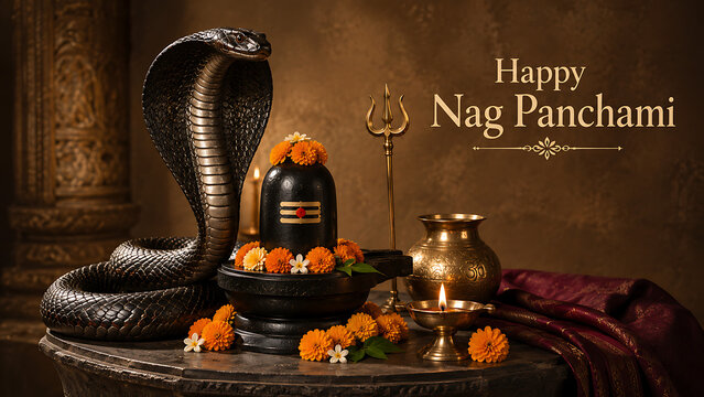 Elegant nag panchami temple altar with bronze cobra beside mahadev shiv lingam trident marigold flowers brass vessel diya and rich draped fabric