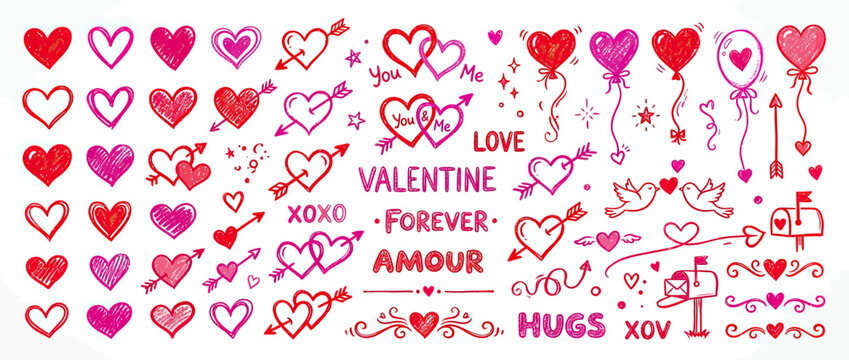 Hand-drawn hearts and romantic symbols isolated on white