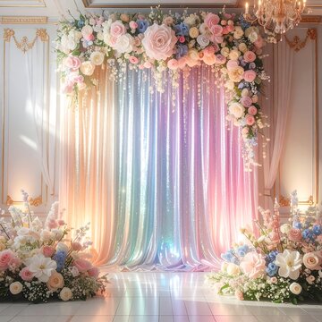 Elegant Pastel Floral Backdrop with Iridescent Curtains for Wedding or Celebration Event in a Grand Ballroom.
