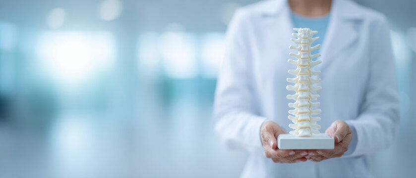 Medical professional holding spinal model