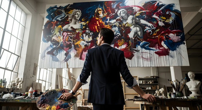 Artist Contemplating Abstract Painting in Creative Studio Filled with Sculptures and Artistic Materials