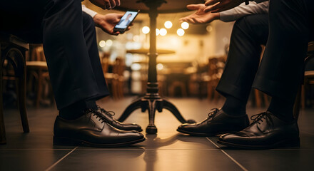Obraz premium Two Businessmen Engaging in Discussion Over Smartphone During Meeting at Modern Cafe Table with Warm Lighting and Formal Attire