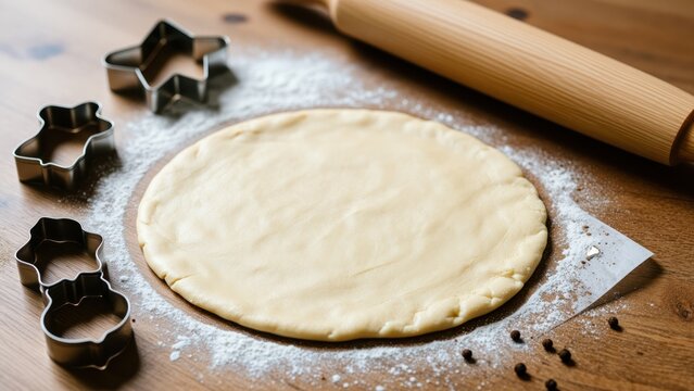 Rolling out pizza dough on a floured wooden surface with baking cutters and rolling pin, preparation for baking, healthy food, home cooking, culinary concept
