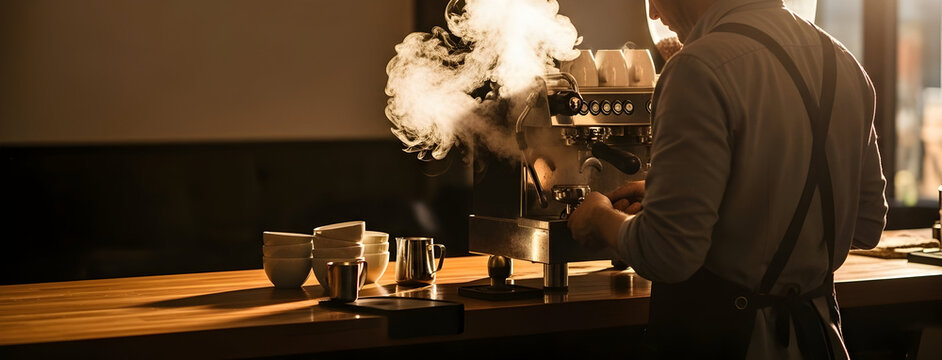 Barista Preparing Espresso with Steam Rising in a Cozy Cafe During Early Morning Hours