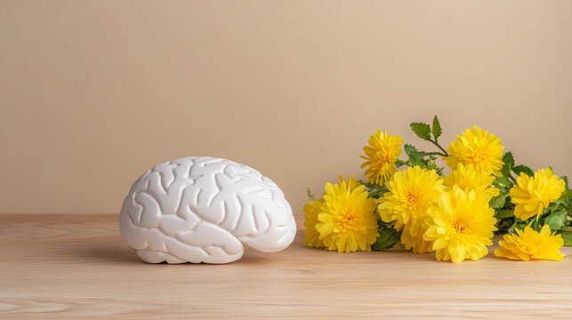 White brain model, yellow chrysanthemum flower, wooden table, beige background, mental wellness