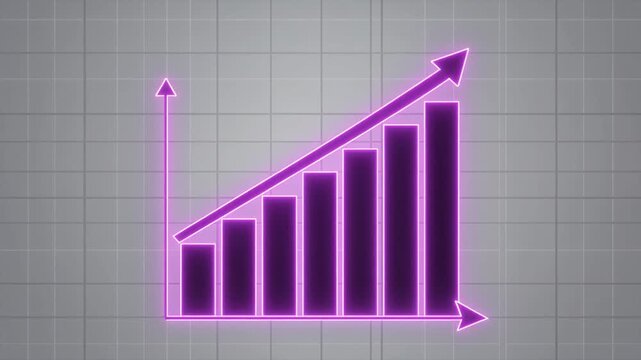 A clean motion graphic animation of a bar chart on a white grid background, vertical bars rise, from left to right. A bold diagonal arrow moving with the rising bars, symbolizing business growth