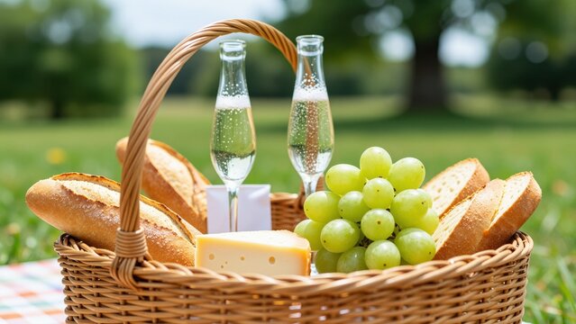 Picnic basket filled with fresh green grapes, bread, cheese, and sparkling wine bottles on a checkered tablecloth in an outdoor park setting