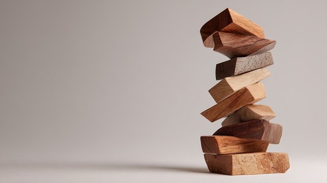 precarious. A precarious tower of wooden blocks stacked at unstable angles. lifestyle magazines, social media lookbooks, designed for lifestyle magazines and social media content.