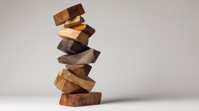 precarious. A precarious tower of wooden blocks stacked at unstable angles. lifestyle magazines, social media lookbooks, designed for lifestyle magazines and social media content.