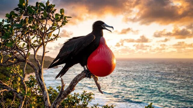 Magnificent Frigatebird with Inflated Red Gular Sac Perched on a Tropical Branch Overlooking the Ocean at Golden Sunset