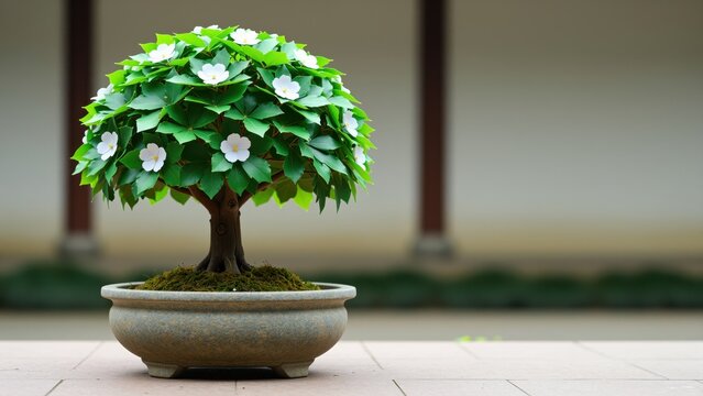 Decorative bonsai tree with white flowers in a round ceramic pot, indoors with a blurred background, symbolizing nature, tranquility, and gardening aesthetics