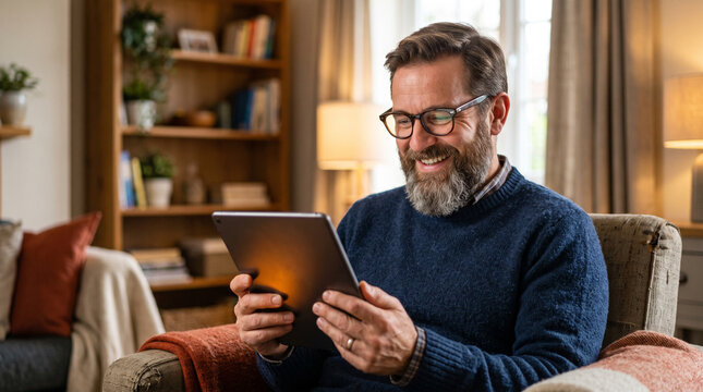 Man, tablet and relax on sofa for social media, communication and reading ebook for work break. Male person, smile and digital tech in home office for online video, chat app and internet connection