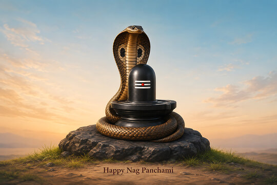 Serene nag panchami sunrise scene with golden cobra protecting shiv lingam on rocky hilltop beneath soft sky and peaceful sacred mountain landscape