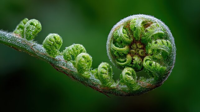 tightly. A tightly coiled silver fern frond with morning dew, macro detail, soft light. gardening catalogs, home-decor guides, designed for gardening and botanical catalogs, enhances decor appeal.