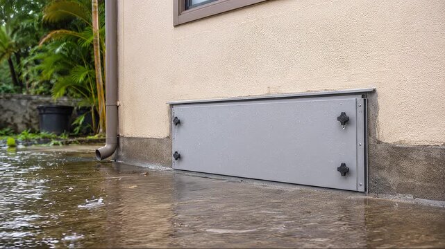 Flood resistant removable vent cover fitted on tropical house exterior, residential flood risk adaptation design