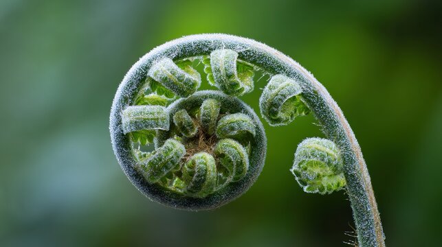 tightly. A tightly coiled silver fern frond with morning dew, macro detail, soft light. gardening catalogs, home-decor guides, designed for gardening and botanical catalogs, enhances decor appeal.