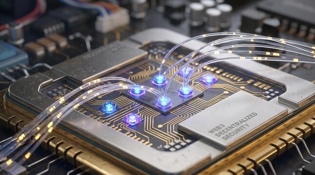 Macro view of a computer processor chip with fiber optic cables connected to glowing blue light nodes on a dark circuit board surface