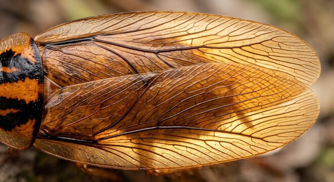 Close up of transparent tegmina venation on a cockroach