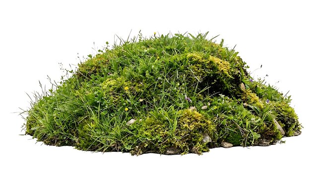 A small mound of green grass and moss isolated on white background.