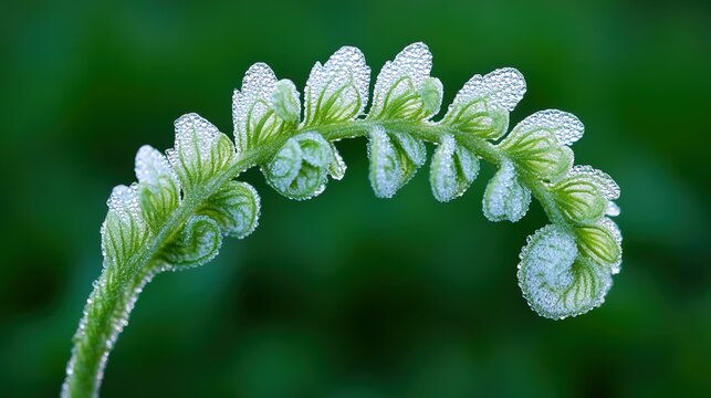 tightly. A tightly coiled silver fern frond with morning dew, macro detail, soft light. gardening catalogs, home-decor guides, designed for gardening and botanical catalogs, enhances decor appeal.