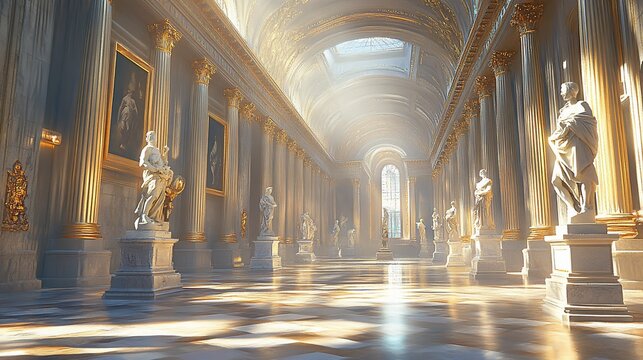 Sunlit classical hall with statues, paintings, and marble columns