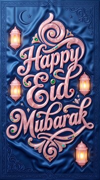 Pink Gemstone Happy Eid Mubarak Typography on Deep Blue Satin Background with Lanterns Crescent and Jewel Accents