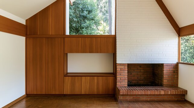 midcentury. Bright mid-century modern living space with clean lines and warm wood tones under soft window light. lifestyle magazines.