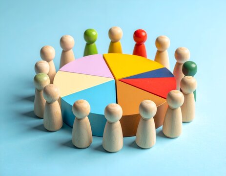 Wooden figures surround a colorful pie chart on a light blue background, conceptual image