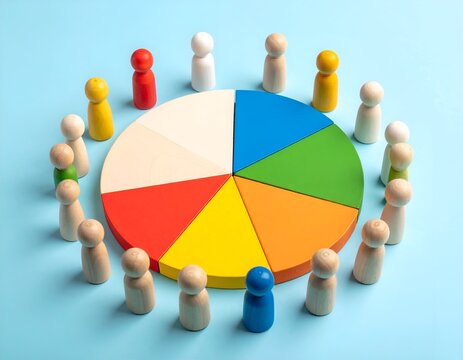 Wooden figures surround a colorful pie chart on a light blue background (1)