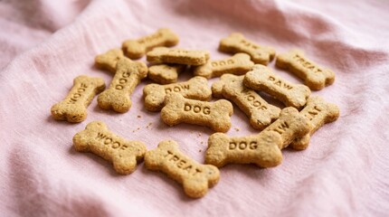 Fototapeta premium Golden alphabet pasta letters scattered on a soft pink fabric background.