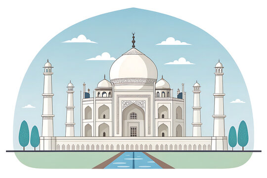 Taj Mahal, modern flat vector illustration, premium minimalist design, elegant symmetry, pastel blue sky, geometric architecture, isolated on white background, commercial stock illustration, Adobe Ill