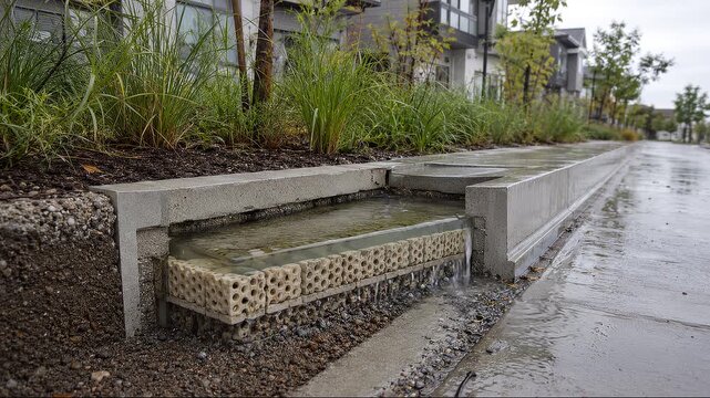 Modular porous roadside water retention curb module with ceramic blocks, climate resilient neighbourhood stormwater drainage