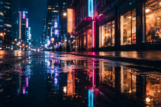 Reflection of colorful city lights in street puddle at night. Wet urban pavement after rain in downtown. Atmospheric evening scene with bokeh glow, cinematic cityscape background concept.