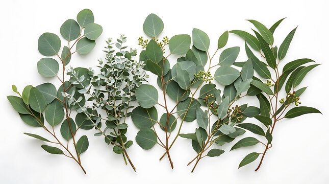 Assorted fresh eucalyptus branches on white background.
