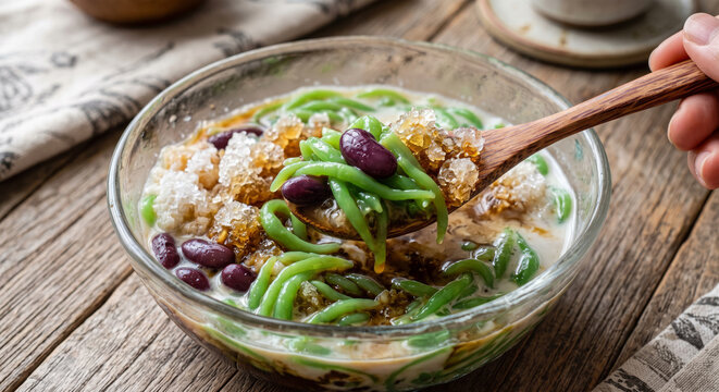 Cendol Dessert Bowl with Green Pandan Jelly and Palm Sugar