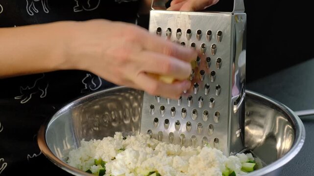 A person uses a metal zester to grate lemon over a bowl of crumbled cheese and chopped zucchini in a bright kitchen at Cooking.