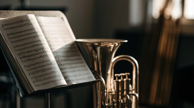 euphonium. Open music score on a stand with a euphonium beside it in a rehearsal room. lifestyle magazines, social media lookbooks, designed for influencer and brand collaborations.