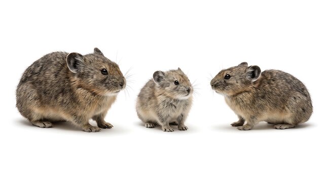 Three cute pika animals isolated on a clean white background.