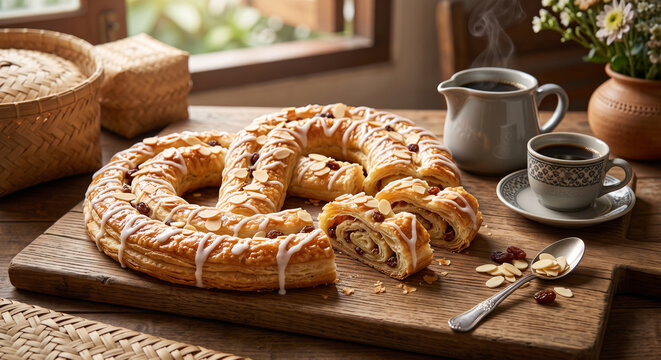 Danish Flaky Almond Kringle Pastry Served with Coffee