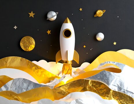 3D paper art scene; rocket launching into space past planets, stars, and golden clouds