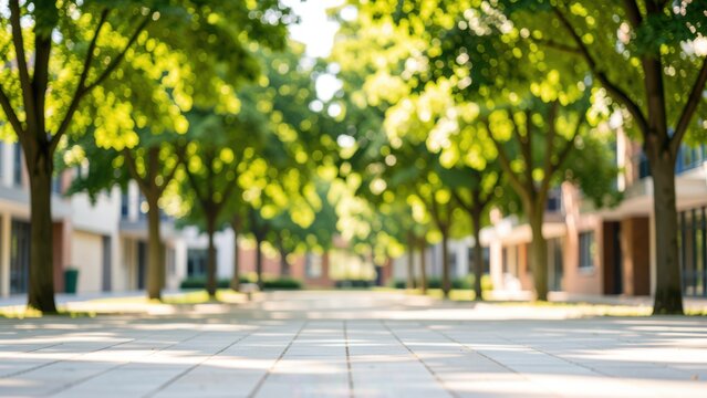 sunlit modern schoolyard empty paved space with dappled green trees bokeh backdrop for educational advertising