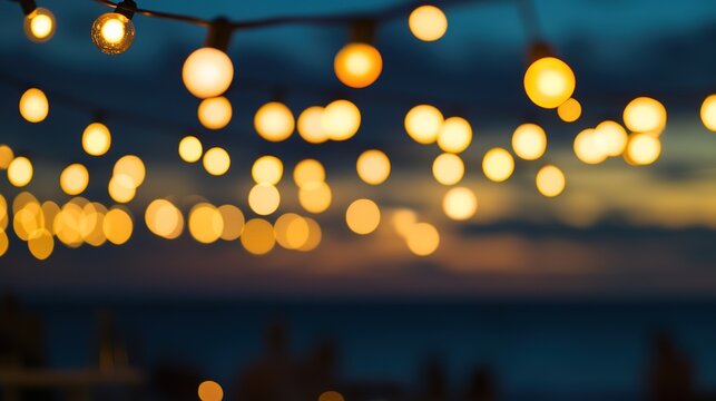 shallow. Blurred bokeh lights at beach restaurant during sunset, warm evening ambiance. inspiring travel planning, lifestyle magazines, designed for influencer and brand collaborations.