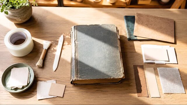 Community book repair table with worn hardcover, archival tape, brush and bone folder, library preservation and circular knowledge
