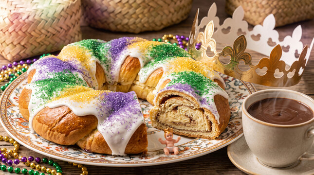 Vibrant Mardi Gras King Cake with Purple Green Gold Sugar