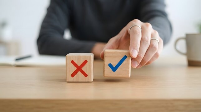 Hand choosing a wooden block with a blue check mark over a red cross