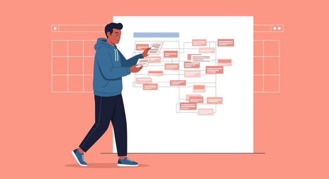 Man presenting organizational chart on screen, business strategy concept