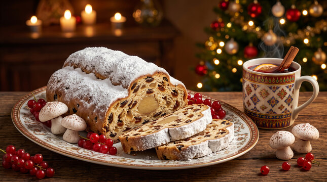 German Christmas Stollen Bread Served with Spiced Mulled Wine